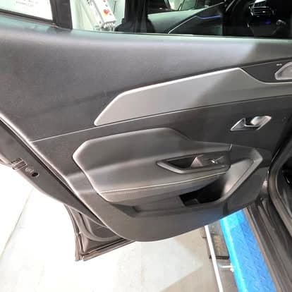 Gereinigte hintere Tuerverkleidung eines Peugeot 408 mit Ziernaht und Griffmulde.